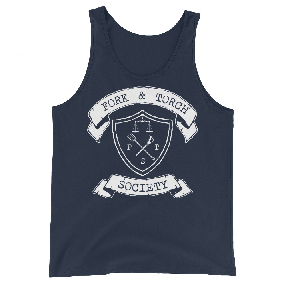Fork and Torch Banner Scales logo White Ink