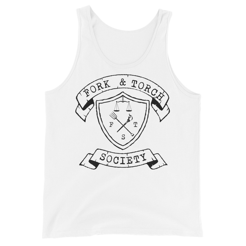 Fork and Torch Banner Scales logo Black Ink