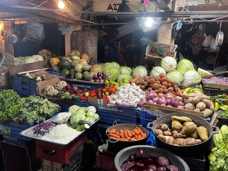 Stalls of fresh fruits and vegetables at a Dominican market