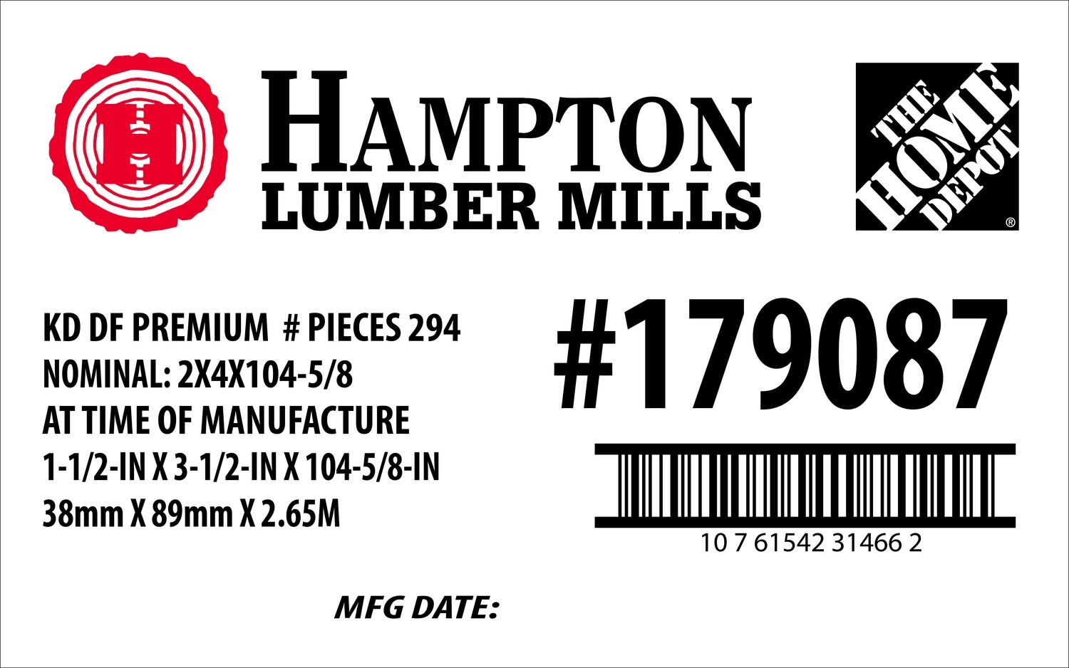 2X4X104-5/8 KD DF PREMIUM Home Depot Placard - 31466-2