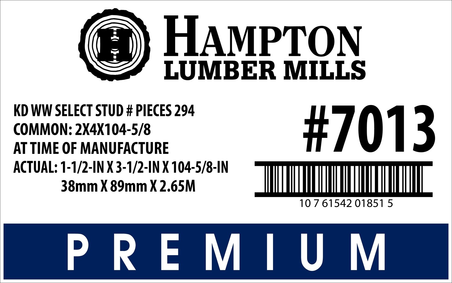 2X4X104-5/8 KD WW SELECT STUD PLACARD - 01851-5