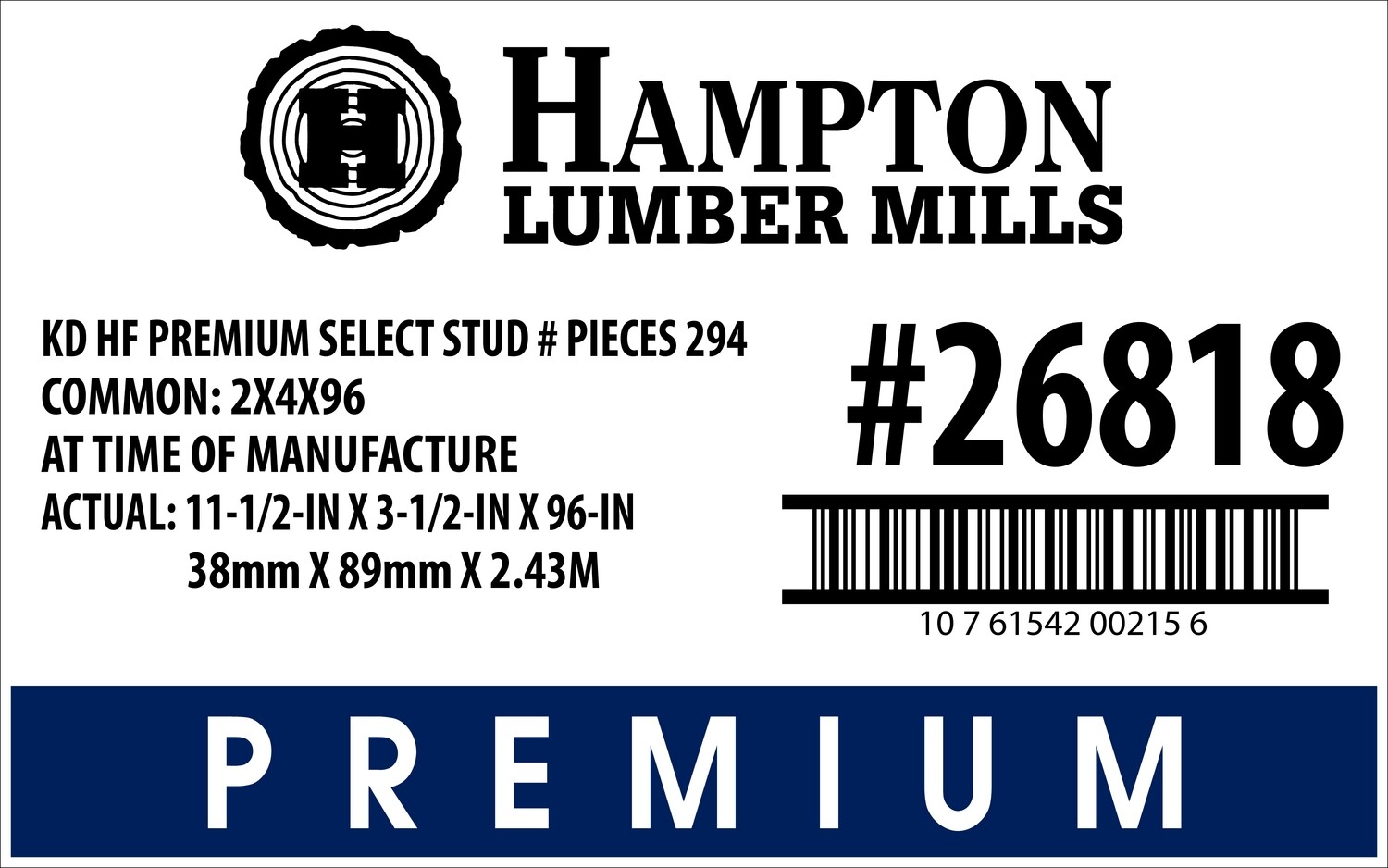 2X4X96 KD HF SELECT STUD PLACARD - 00215-6