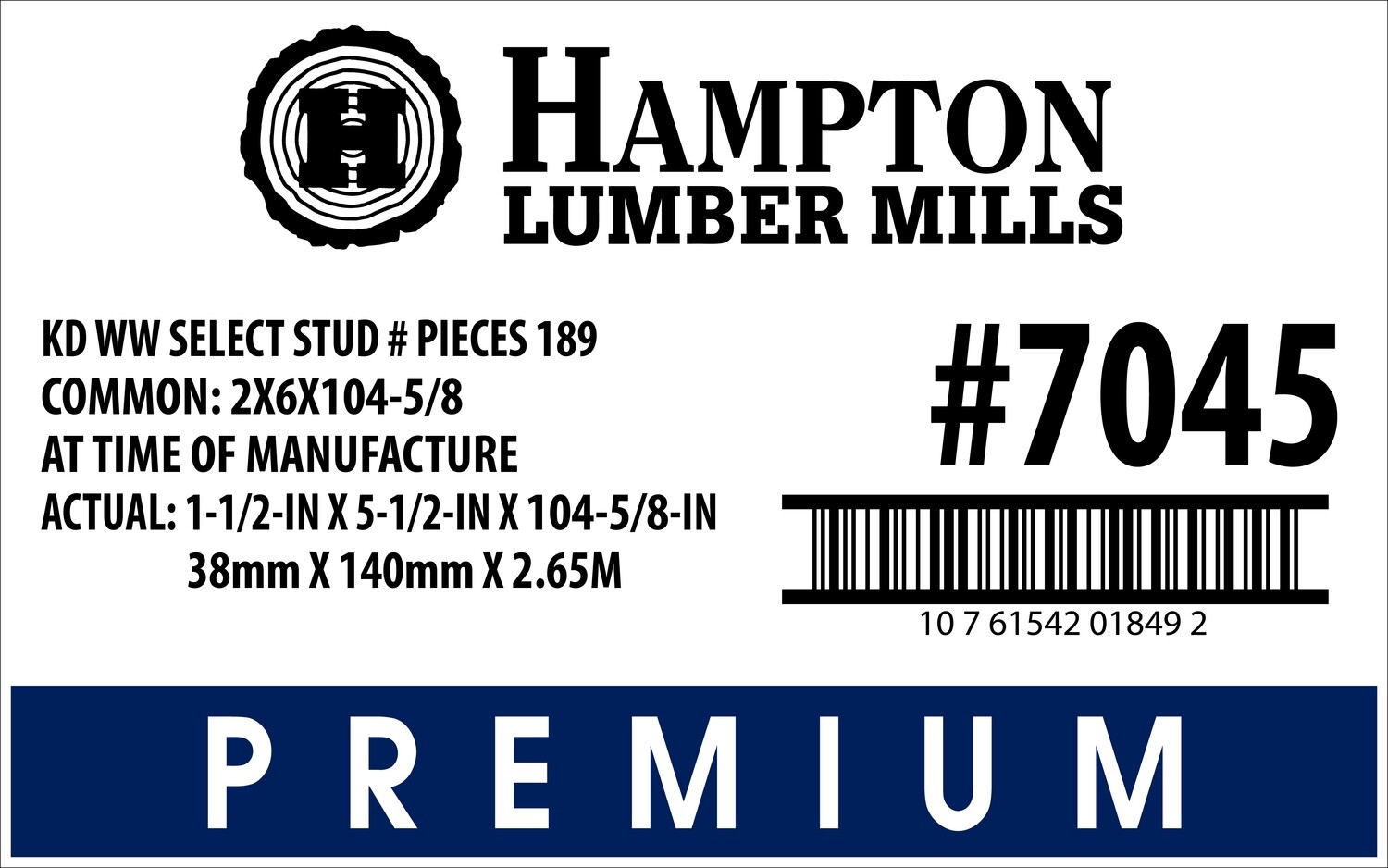 2X6X104-5/8 KD WW SELECT STUD PLACARD - 01849-2