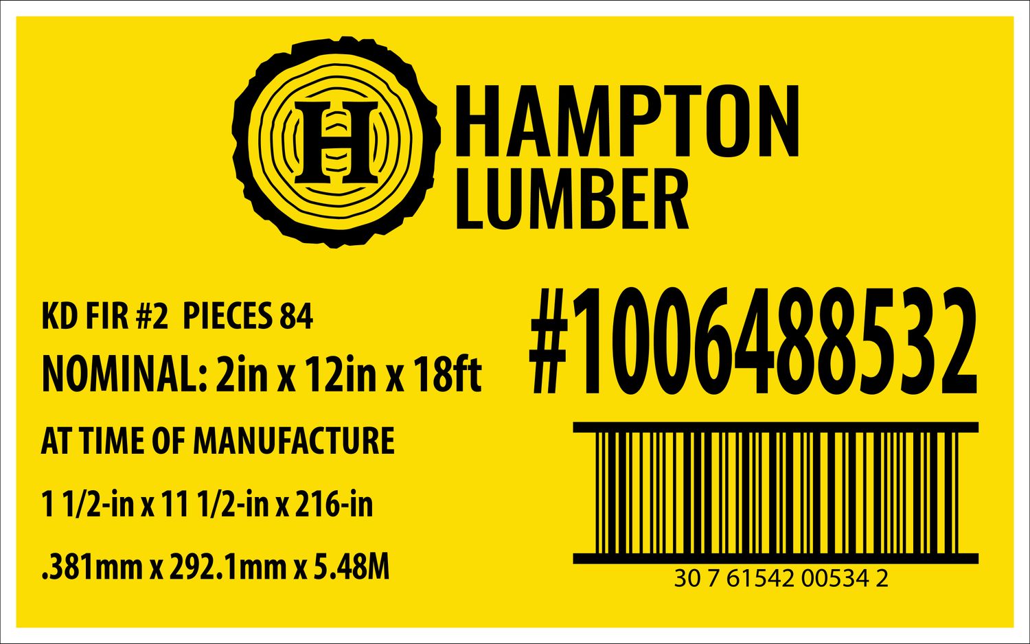 2in x 12in x 18ft KD FIR #2 - Home Depot Yellow Placard - 00534-2