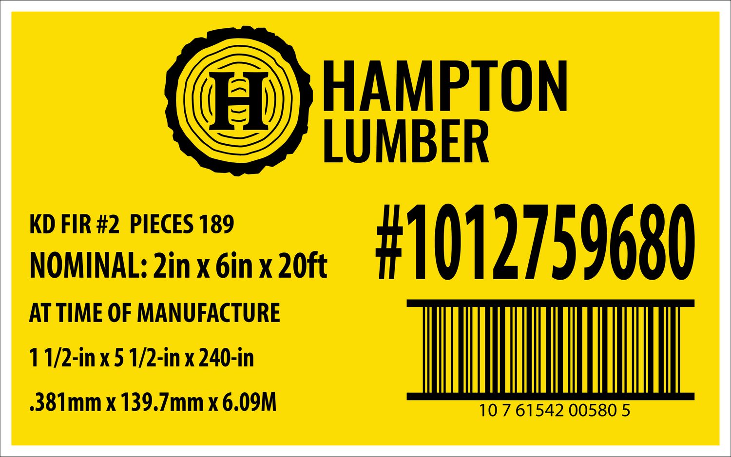 2in x 6in x 20ft KD FIR #2 - Home Depot Yellow Placard - 00580-5