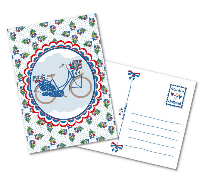 Ansichtkaart Hollandse fiets, tulpen dessin