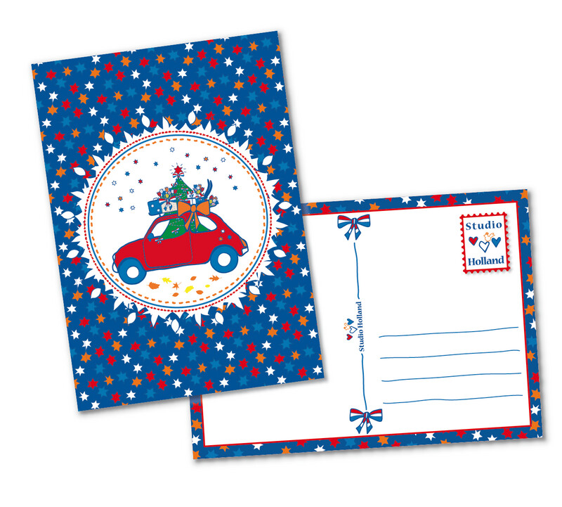 Kerstkaart auto met kerstboom en sterren
