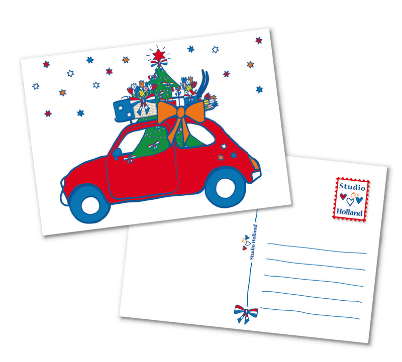 Kerstkaart auto met kerstboom