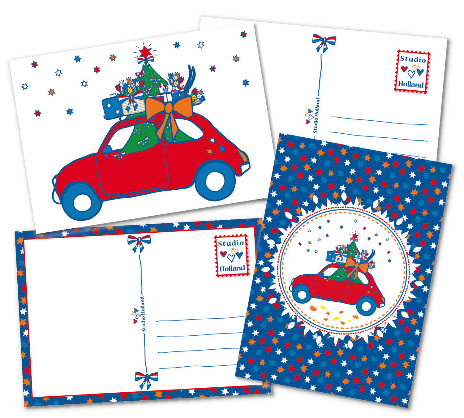 Kerstkaarten set 10 stuks Auto met kerstboom