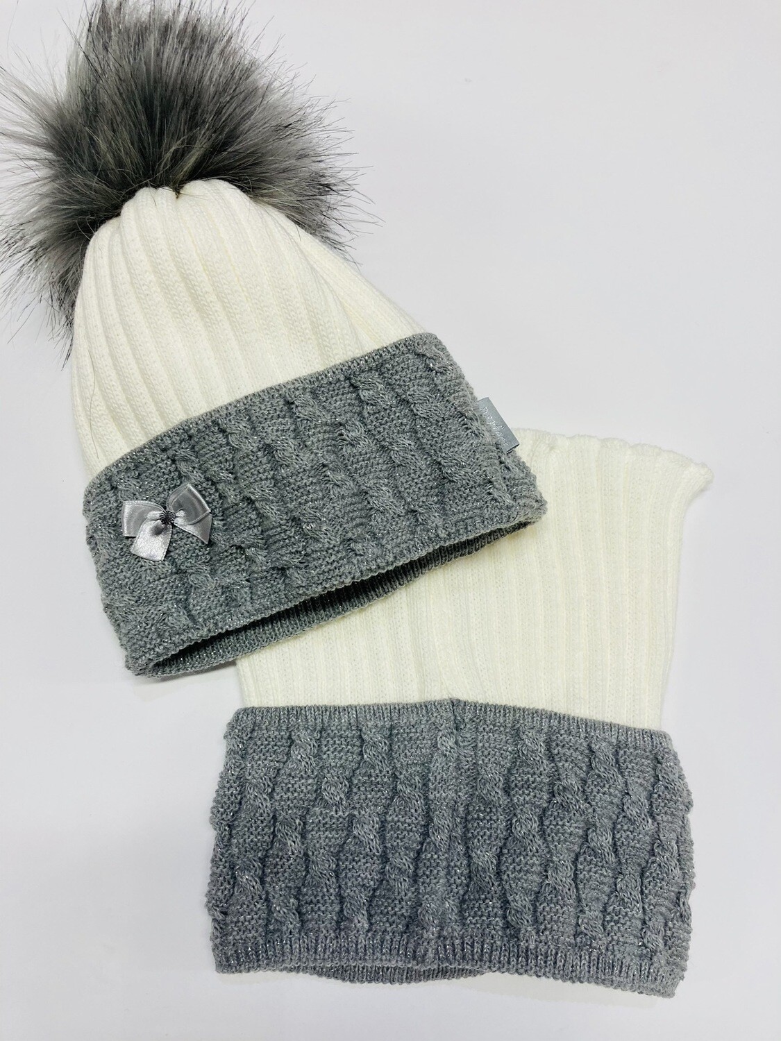 Hat & Snood Set Cream & Grey