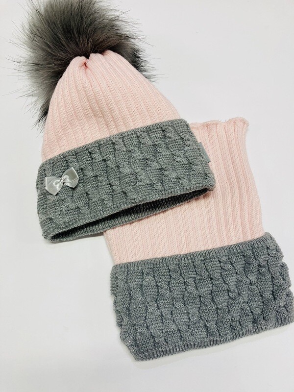 Hat & Snood Set Pink & Grey