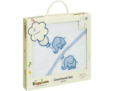 Gift Set Hooded Bath Towel and Mitt Elephant Blue Playshoes