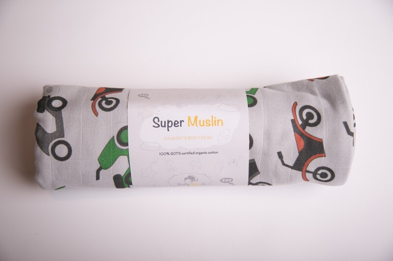 Babyboo GREY VROOM VROOM MOTORBIKES SUPER SQUARE MUSLIN