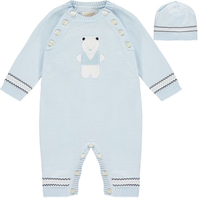 Emile et Rose Knitted All in one with teddy motif, fairisle trim & Hat in Pale Blue