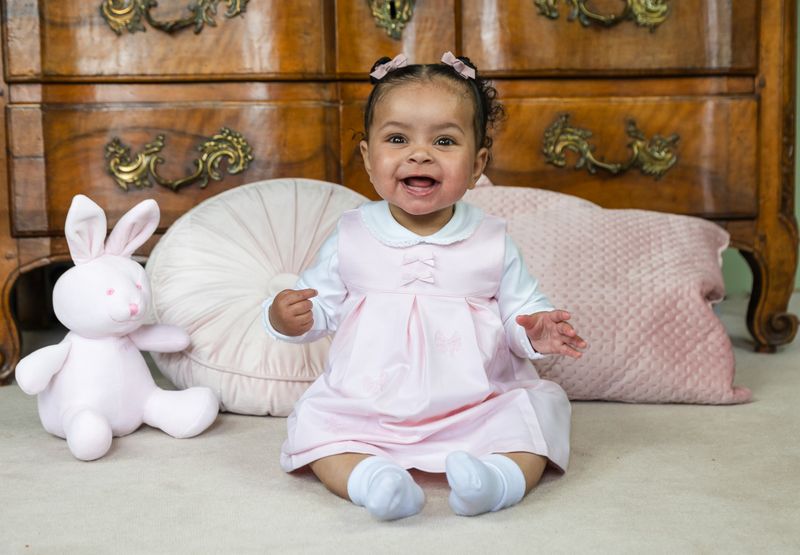 Mitzi Pinafore Dress with embroidered bows, pleats & Body. Emile et Rose Mitzi Pinafore Dress with embroidered bows, pleats & Body. Emile et Rose