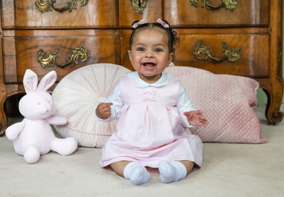 Mitzi Pinafore Dress with embroidered bows, pleats & Body. Emile et Rose
