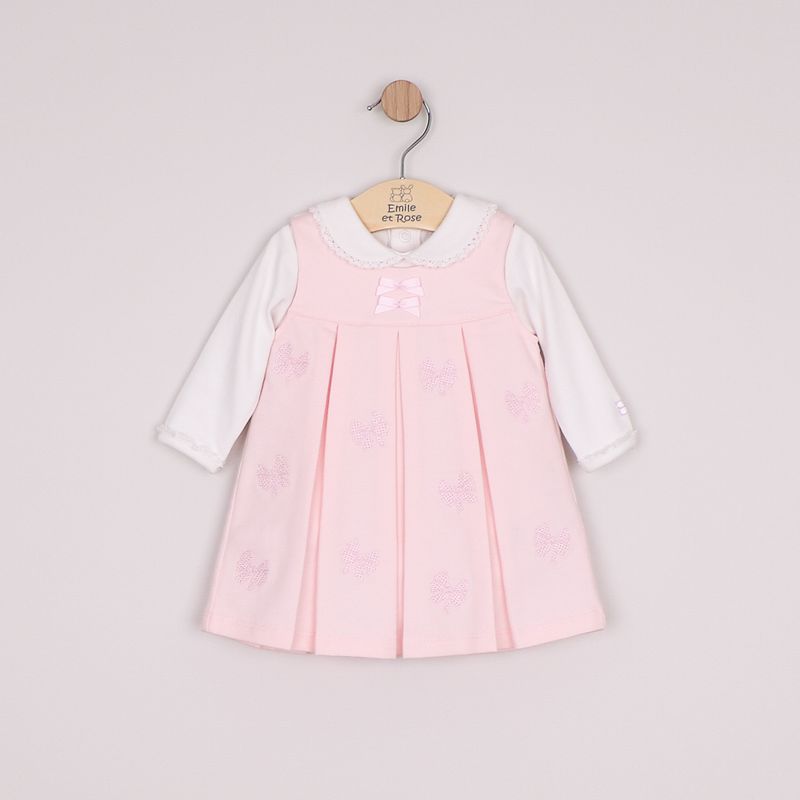 Mitzi Pinafore Dress with embroidered bows, pleats & Body. Emile et Rose