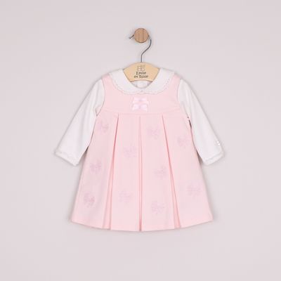 Mitzi Pinafore Dress with embroidered bows, pleats & Body. Emile et Rose
