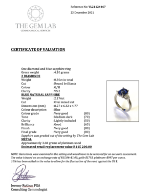 Platinum diamond and blue sapphire ring