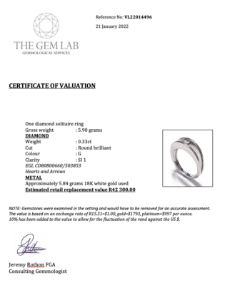Diamond solitaire ring 0.33ct G SI1