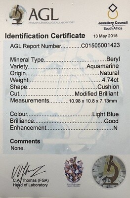 4.74ct Aquamarine. Retail value: R28000