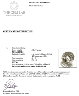 18k white gold  diamond ring valued at R141000