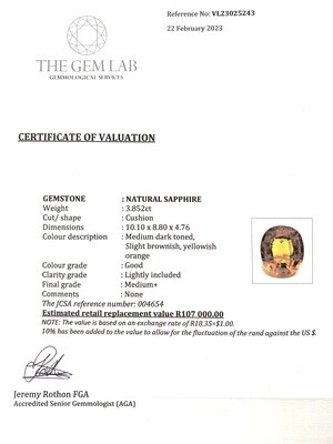 3.852ct certified orange sapphire