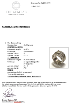 9K white gold diamond ring. R36000. Retail: R72400.