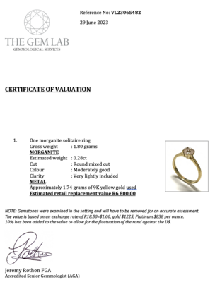 9K yellow gold morganite solitaire ring