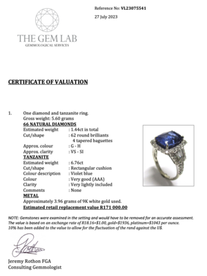 9K white gold diamond and tanz ring. Retail: R171 000.00