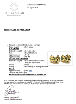 Pair of 18K yellow gold diamond and emerald earrings