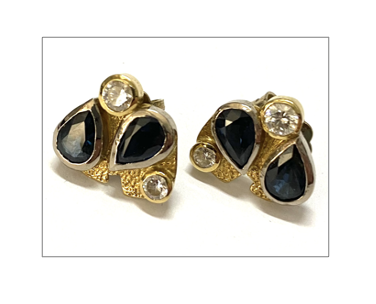 Pair of 18K yellow gold diamond and sapphire earrings