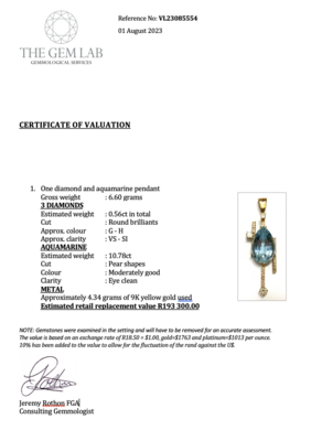 9K yellow gold diamond and aquamarine pendant