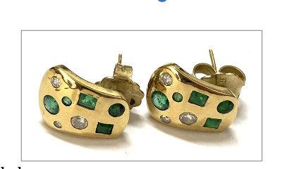 Pair of 18K yellow gold diamond and emerald earrings