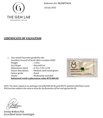 One 1.59ct Tsavorite (Sealed by the lab) R42500. Retail R70800