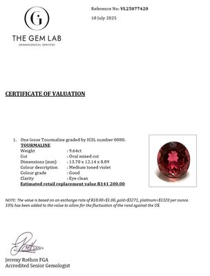 Loose 9.64ct reddish violet tourmaline.