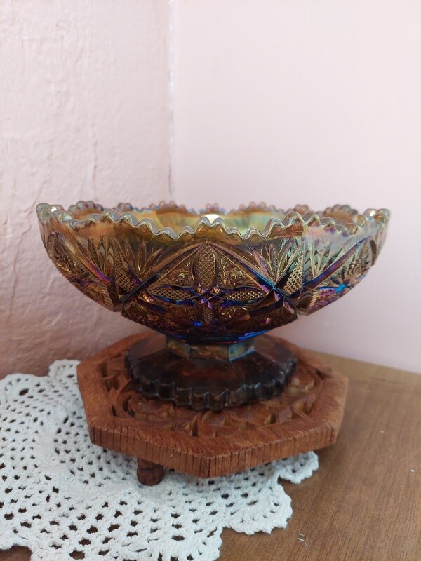 Vintage Carnival Glass Pedestal Bowl with Sawtooth Rim.