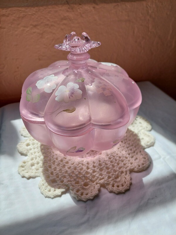 Hand Painted Fenton Pink Chiffon Spring Splendor Covered Candy Dish Signed by Shelley Fenton