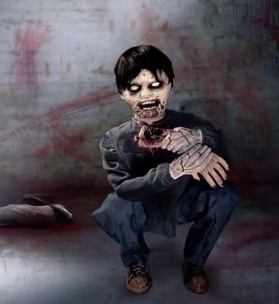 Limb Eating Zombie Boy by Tekky, Indoor or Covered Outdoor Premium Halloween Animatronic, IN STOCK