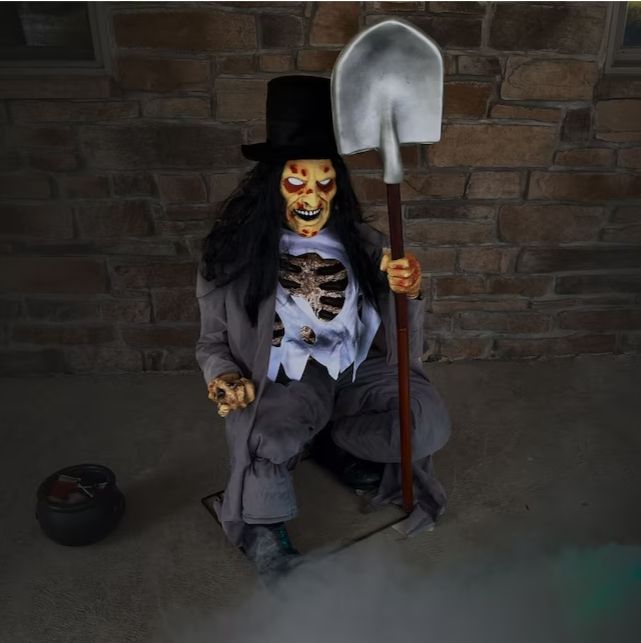 Haunted Hill Farm 4-ft Freestanding Motion Activated Talking Lighted Creepslie Grave Digger Animatronic