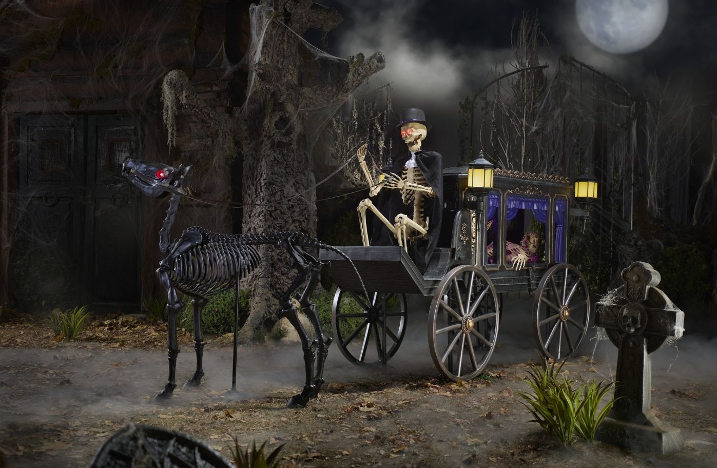 5 FT. ANIMATED HAUNTED HEARSE AND SKELETON LED EYES PLUS 5.5 ft. LED SKELETON PONY SET