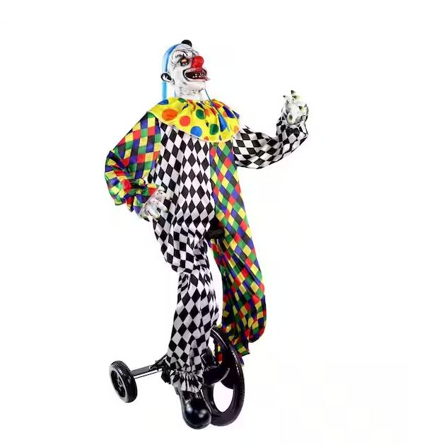 5.9 ft. Life-Size Voice and Sound-Sensor Animatronic Clown on Tricycle Halloween Prop pre order now