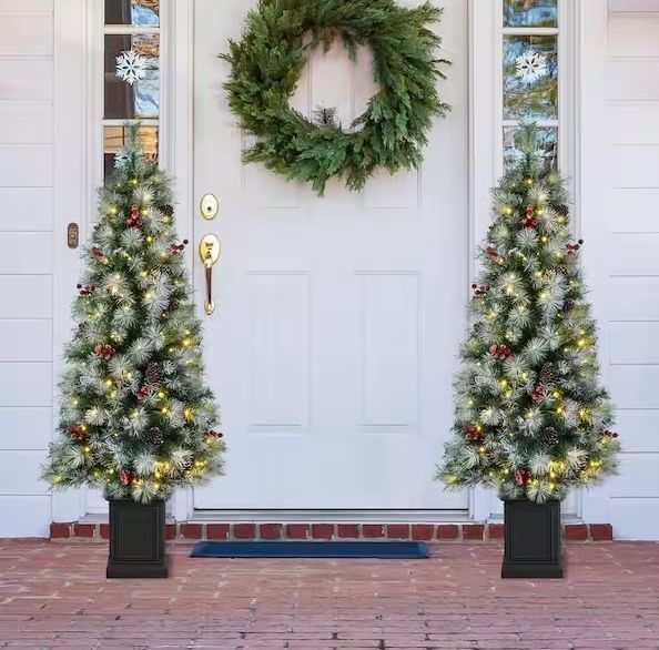 5 ft. Pre-Lit Pine Artificial Christmas Porch Tree with 150 Warm White Lights, Pinecones and Red Berries (2-Pack) pre order now