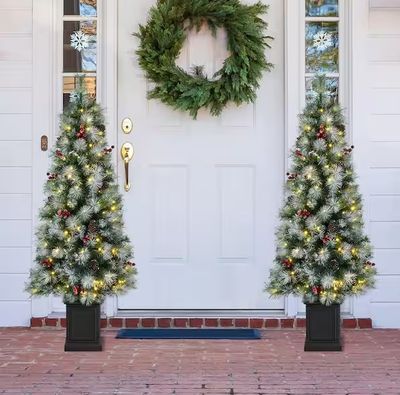 5 ft. Pre-Lit Pine Artificial Christmas Porch Tree with 150 Warm White Lights, Pinecones and Red Berries (2-Pack) pre order now