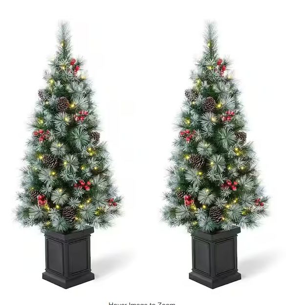 4 ft. Pre-Lit Pine Artificial Christmas Porch Tree with 80 Warm White Lights, Pine Cones and Red Berries (2-Pack) pre order now