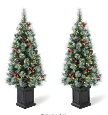 4 ft. Pre-Lit Pine Artificial Christmas Porch Tree with 80 Warm White Lights, Pine Cones and Red Berries (2-Pack) pre order now