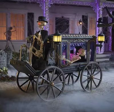 5 FT. ANIMATED HAUNTED HEARSE AND SKELETON LED EYES PLUS 5.5 ft. LED SKELETON PONY SET PRE ORDER NOW FOR 2026