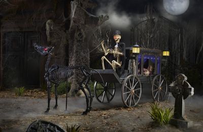 5 FT. ANIMATED HAUNTED HEARSE AND SKELETON LED EYES PLUS 5.5 ft. LED SKELETON PONY SET PRE ORDER NOW FOR 2026