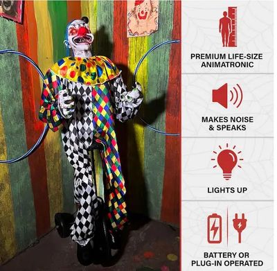 5.9 ft. Life-Size Voice and Sound-Sensor Animatronic Clown on Tricycle Halloween Prop pre order now