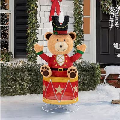 57 in. Christmas Lighted Drumming Bear, 3D Tinsel Santa Outdoor Garden Yard Lawn Festive Holiday Decoration with Lights PRE ORDER